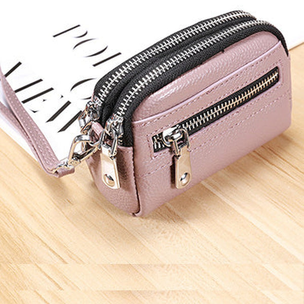 Small Womens Leather Purple Double Zip Wallet Mini Wallet with Coin Pocket Zip Wallet for Ladies