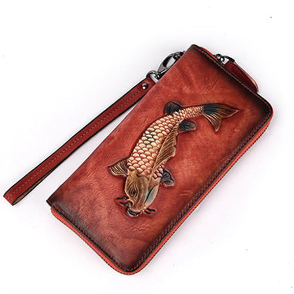 Womens Carp Red Leather Zip Around Wallet Wristlet Wallet Carp Ladies Zipper Clutch Wallet for Women