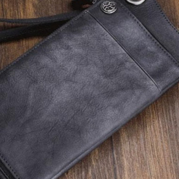 Mens Keyring Wallet Cool Biker Chain Wallet Keyring Wallet Gray Leather Wristlet Clutch Wallet