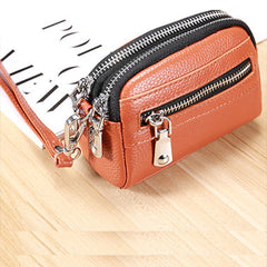Small Womens Leather Orange Double Zip Wallet Mini Wallet with Coin Pocket Zip Wallet for Ladies