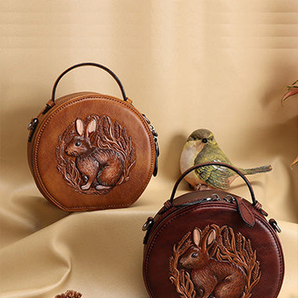 Cutest Womens Leather Round Handbag Bunny Crossbody Purse Vintage Round Shoulder Bags for Women