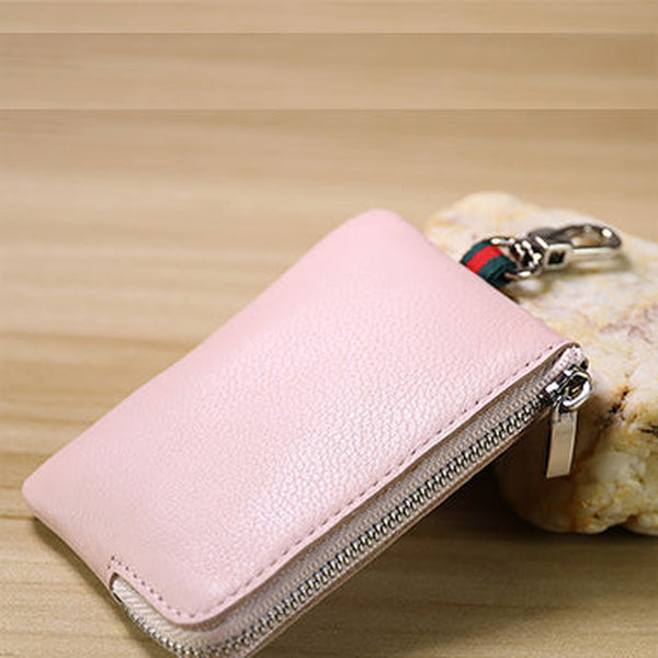 Slim Women Pink Leather Zip Wallet with Keychains Minimalist Coin Wallet Small Zip Change Wallet For Women
