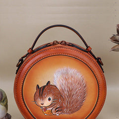 Cutest Women Brown Leather Round Handbag sSquirrel Crossbody Purse Vintage Round Shoulder Bags for Women