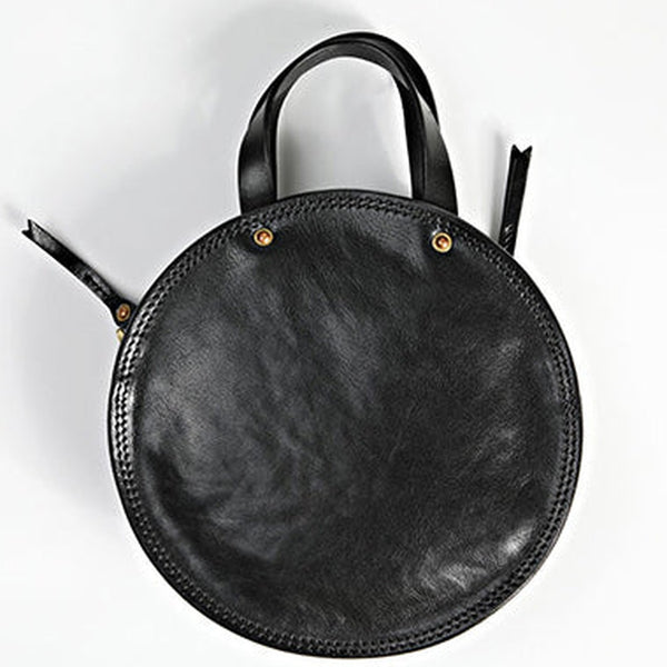 Vintage Womens Black Leather Round Handbag Purses Black Round Shoulder Bag Crossbody Handbag for Women