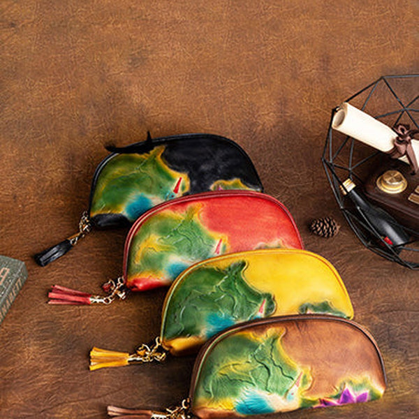 Handmade Lotus Flower Leather Wristlet Wallet Womens Zip Around Wallets Flowers Ladies Zipper Clutch Wallet for Women