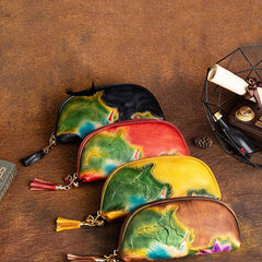 Handmade Lotus Flower Leather Wristlet Wallet Womens Zip Around Wallets Flowers Ladies Zipper Clutch Wallet for Women