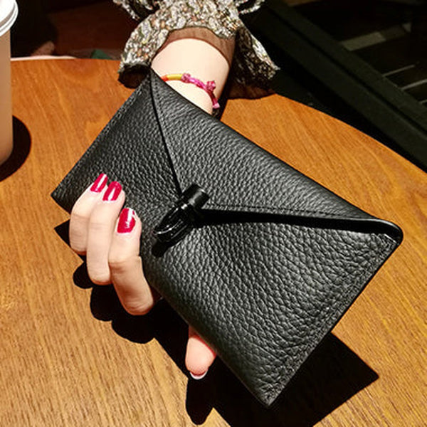 Cute Womens Black Leather Envelope Wallet Slim Clutch Purse Checkbook Long Wallet for Women