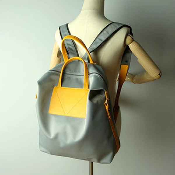Womens Light Gray&Yellow Nylon Backpack Purse Best Satchel Backpack Nylon Leather School Rucksack for Ladies