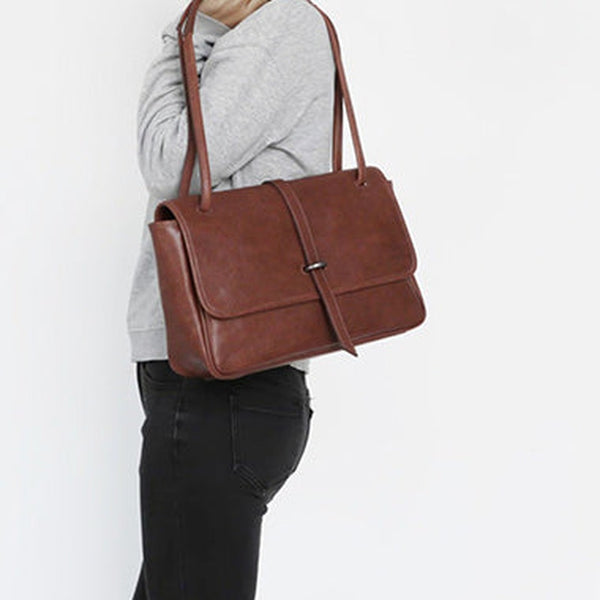Womens Coffee Leather Shoulder Purse Vintage Flip Commuting Bag for Ladies