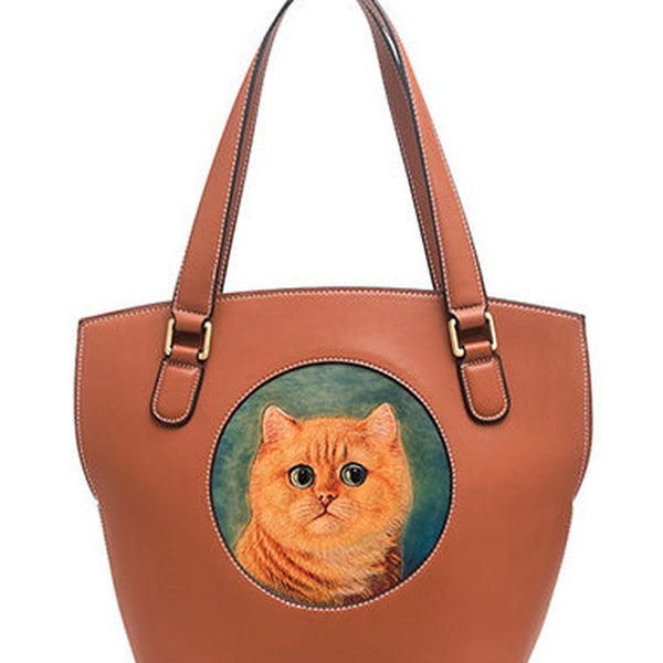 Handmade Womens Brown Leather Tote Handbag Purse Ginger Cat Tote Bag for Women