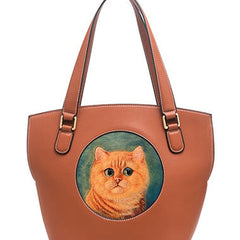 Handmade Womens Brown Leather Tote Handbag Purse Ginger Cat Tote Bag for Women