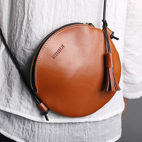 Cute Round LEATHER Slim Side Bag Brown WOMEN Circle SHOULDER BAG Small Crossbody Purse FOR WOMEN