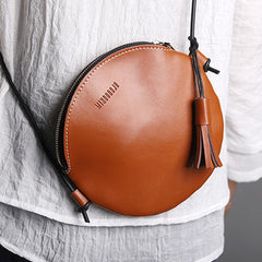 Cute Round LEATHER Slim Side Bag Brown WOMEN Circle SHOULDER BAG Small Crossbody Purse FOR WOMEN