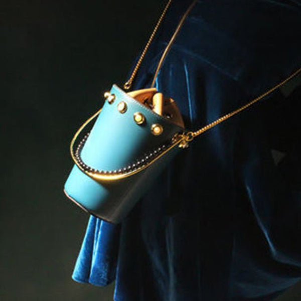 Cute Womens Blue Leather Barrel Chain Crossbody Purse Bucket Round Chain Shoulder Bag for Women