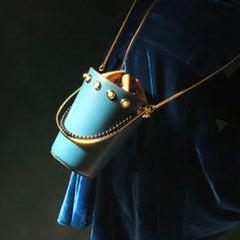 Cute Womens Blue Leather Barrel Chain Crossbody Purse Bucket Round Chain Shoulder Bag for Women