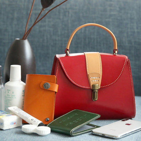 Handmade Women's Red Leather Handbags Purse Vintage Small Handbag Shoulder Bag Purse