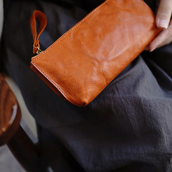 Vintage Tan Leather Wristlet Wallet Womens Zip Around Wallets Tan Ladies Zipper Clutch Wallet for Women