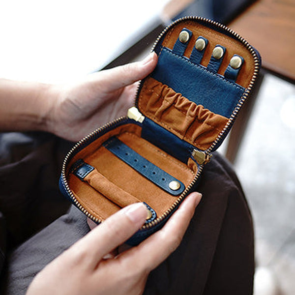 Cute Women Blue Leather Small Jewelry Organizer Mini Jewelry Portable Jewelry Storage Box For Women
