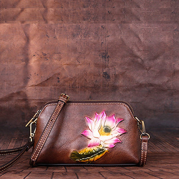 Womens Lotus Flower Coffee Leather Wristlet Wallets Shoulder Bag Small Crossbody Bag for Women