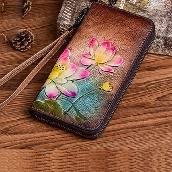 Womens Lotus Flowers Coffee Leather Wristlet Wallets Zip Around Wallet Flowers Ladies Zipper Clutch Wallet for Women