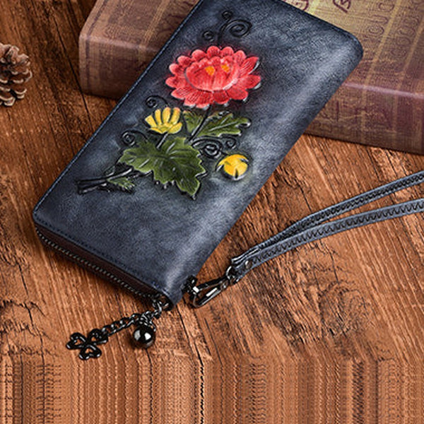 Womens Black Leather Zip Around Wallet Chrysanthemum Flower Wristlet Wallet Floral Ladies Zipper Clutch Wallet for Women
