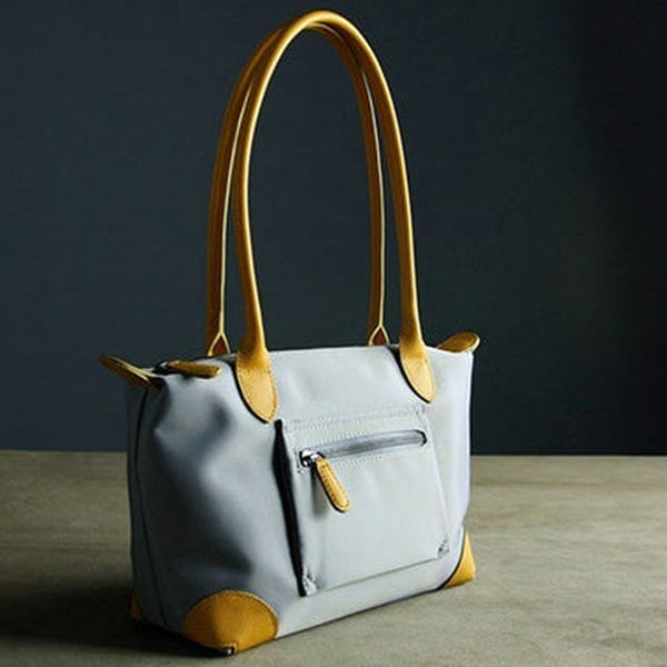 Womens Light Gray Nylon Shoulder Tote Small Light Gray&Yellow Nylon Handbag Purse for Ladies