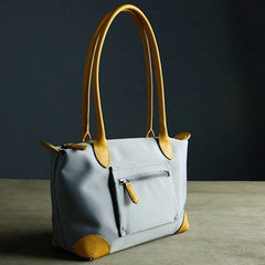 Womens Light Gray Nylon Shoulder Tote Small Light Gray&Yellow Nylon Handbag Purse for Ladies