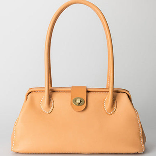 Handmade Womens Leather Doctor Handbag Purse Beige Shoulder Bag Doctor Bags for Women