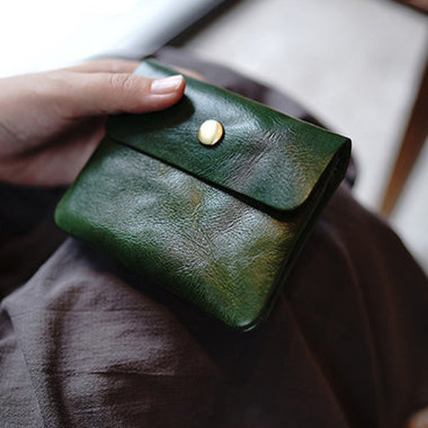 Vintage Womens Green Leather Billfold Wallet Small Wallet with Coin Pocket Mini Envelope Wallet for Ladies