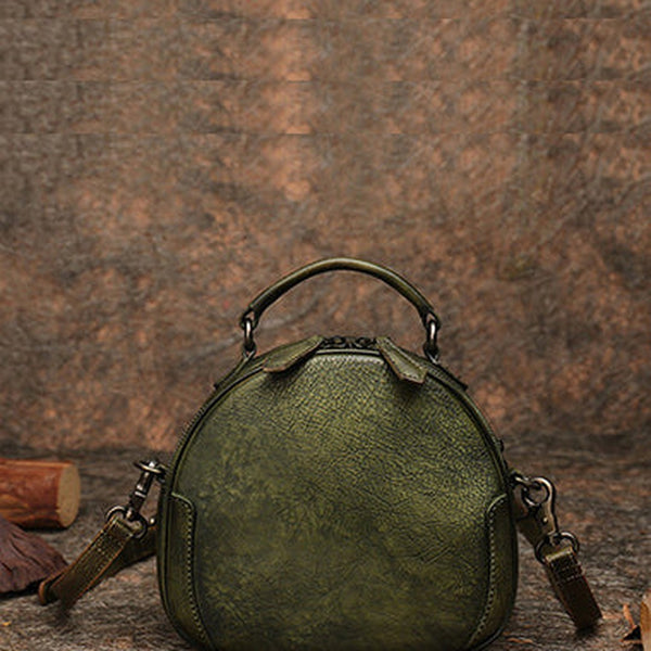 Womens Green Leather Round Handbag Purses Vintage Handmade Round Shoulder Bag Crossbody Handbag for Women