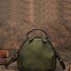 Womens Green Leather Round Handbag Purses Vintage Handmade Round Shoulder Bag Crossbody Handbag for Women
