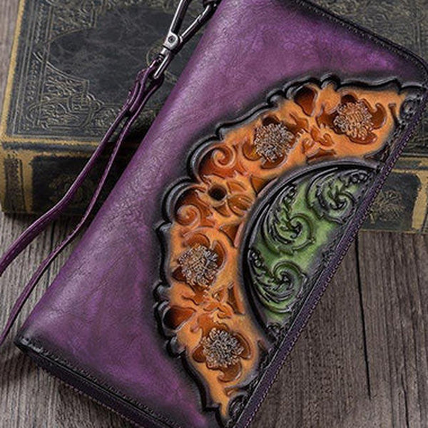 Vintage Floral Purple Leather Wristlet Wallets Womens Zip Around Wallet Floral Ladies Zipper Clutch Wallets for Women