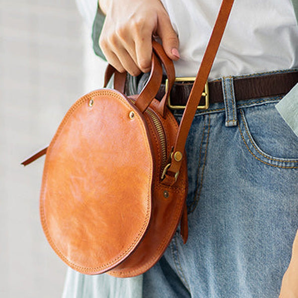Handmade Womens Tan Leather Round Handbag Purses Tan Round Shoulder Bag Crossbody Purse for Women