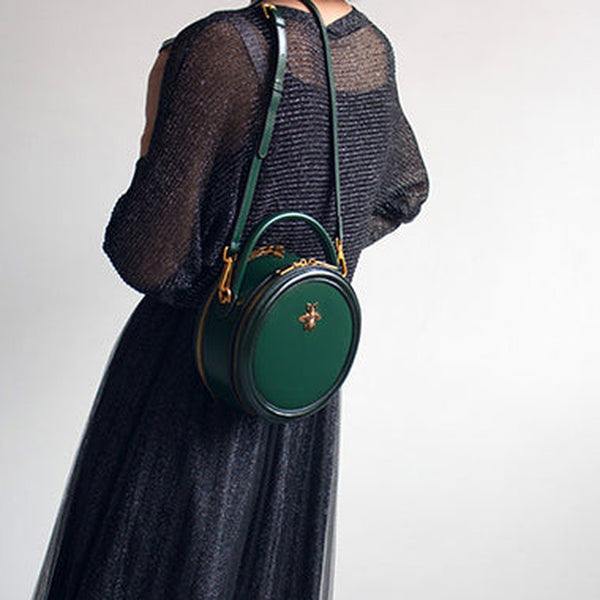 Womens Green Leather Small Round Handbag Crossbody Purse Round Shoulder Bag for Women