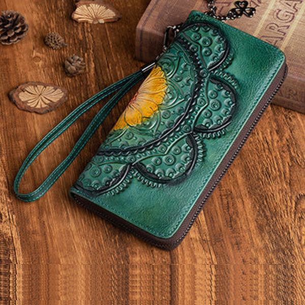Womens Floral Green Leather Wristlet Wallet Flower Zip Around Wallets Floral Ladies Zipper Clutch Wallets for Women