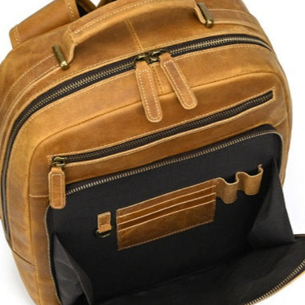 Mens Leather 15‘’ Laptop Backpack 14L Light Brown Large Leather Backpack for Travel