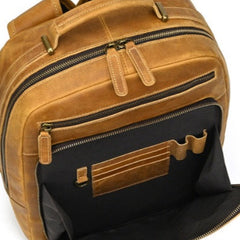 Mens Leather 15‘’ Laptop Backpack 14L Light Brown Large Leather Backpack for Travel