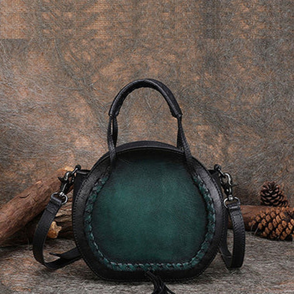 Womens Green Leather Round Handbag Purses with Tassels Vintage Handmade Round Shoulder Bag Crossbody Handbag for Women