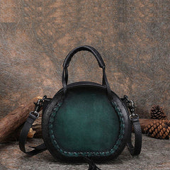 Womens Green Leather Round Handbag Purses with Tassels Vintage Handmade Round Shoulder Bag Crossbody Handbag for Women