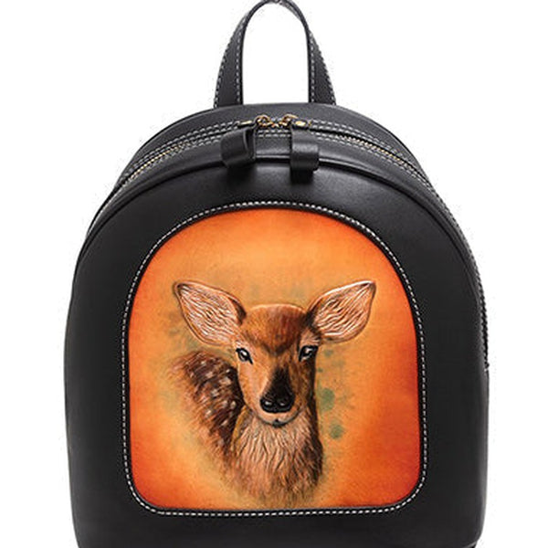 Handmade Ladies Black Leather Small Backpack Deer Tooled Womens Leather Rucksack