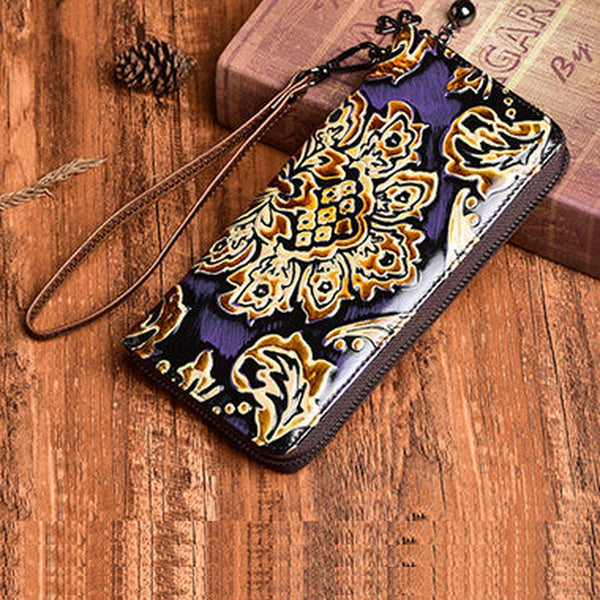 Handmade Womens Sunflower Purple Leather Zip Around Wallet Wristlet Wallet Floral Ladies Zipper Clutch Wallet for Women