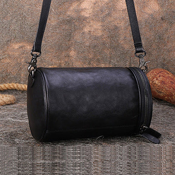 Womens Black Gray Leather Barrel Shoulder Bag Purse Vintage Round Handbag Bucket Crossbody Purse for Women