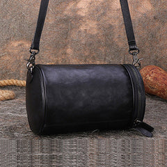 Womens Black Gray Leather Barrel Shoulder Bag Purse Vintage Round Handbag Bucket Crossbody Purse for Women