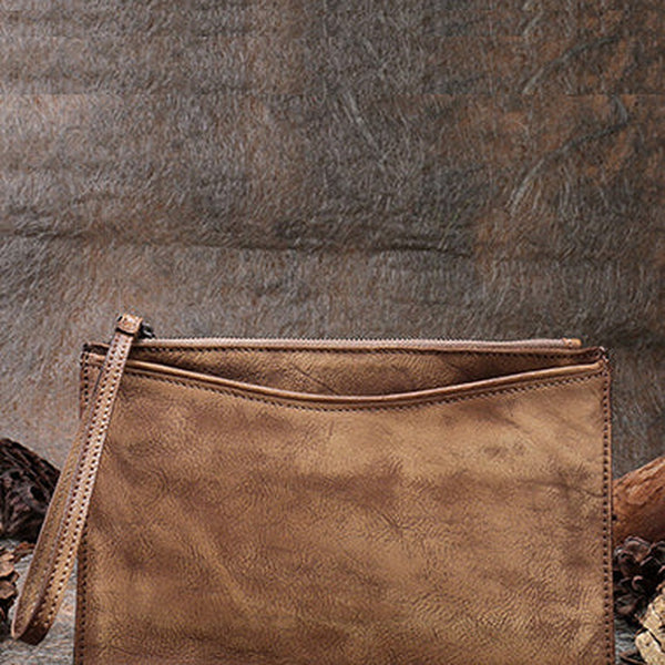 Handmade Womens Tan Leather Large Wristlet Wallet Slim Zip Clutch Purse Ladies Zipper Clutch Wallets for Women