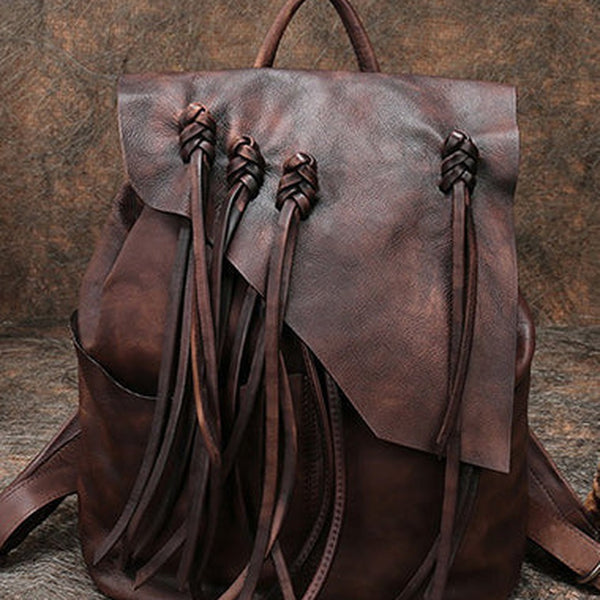 Vintage Coffee Leather Rucksack WIth Tassels Womens Western Leather Backpack Ladies Backpack Purses