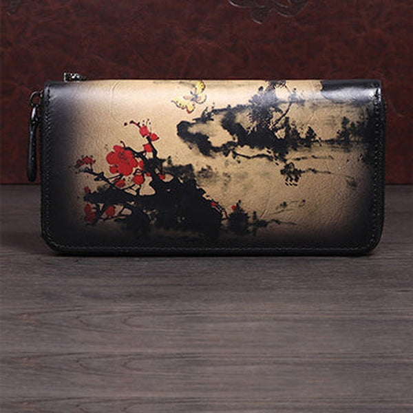 Handmade Womens Black Leather Zip Around Wallet Plum Blossom Wash Painting Flowers Wristlet Wallet Ladies Zipper Clutch Wallet for Women