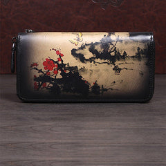 Handmade Womens Black Leather Zip Around Wallet Plum Blossom Wash Painting Flowers Wristlet Wallet Ladies Zipper Clutch Wallet for Women
