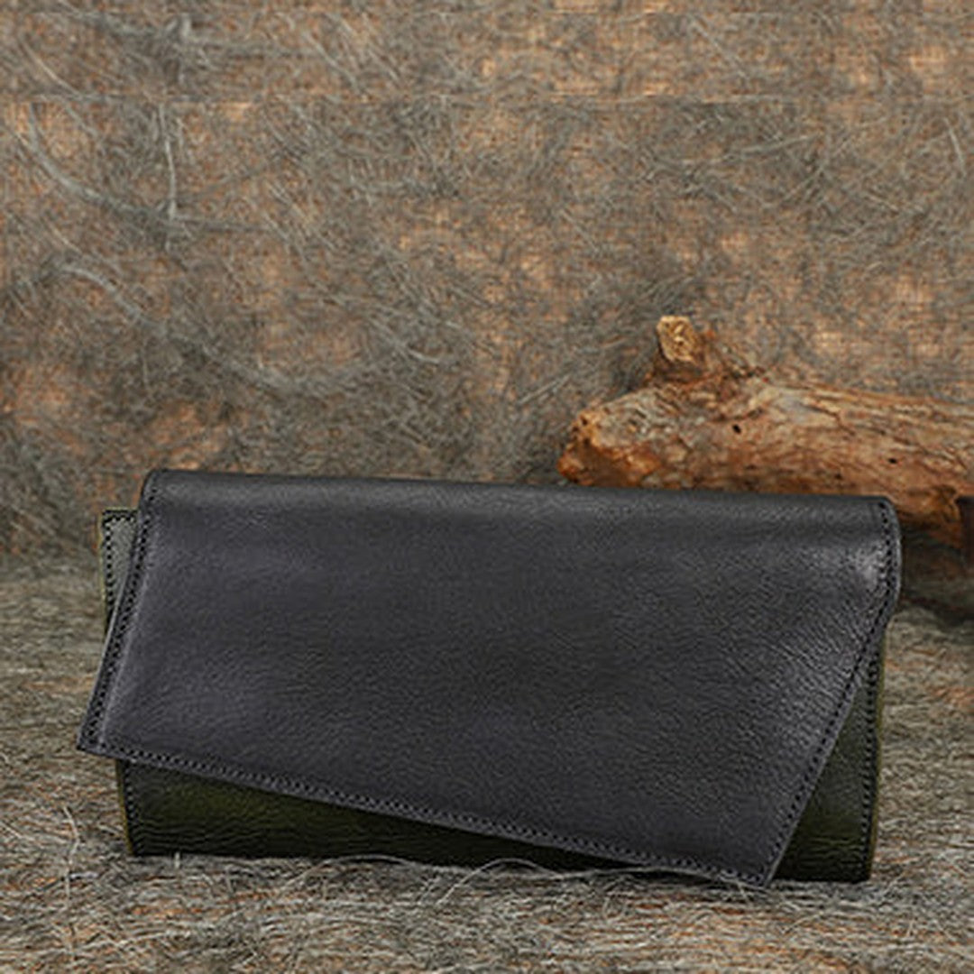 Black&Green Womens Geometry Leather Trifold Long Wallet Vintage Clutch Wallet for Ladies
