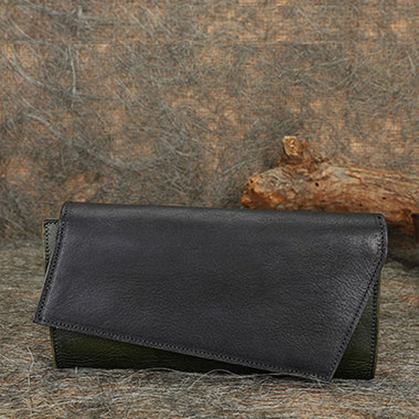 Black&Green Womens Geometry Leather Trifold Long Wallet Vintage Clutch Wallet for Ladies