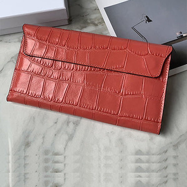 Cute Women Red Vegan Leather Long Wallet Crocodile Pattern Card Holder Clutch Wallet For Women